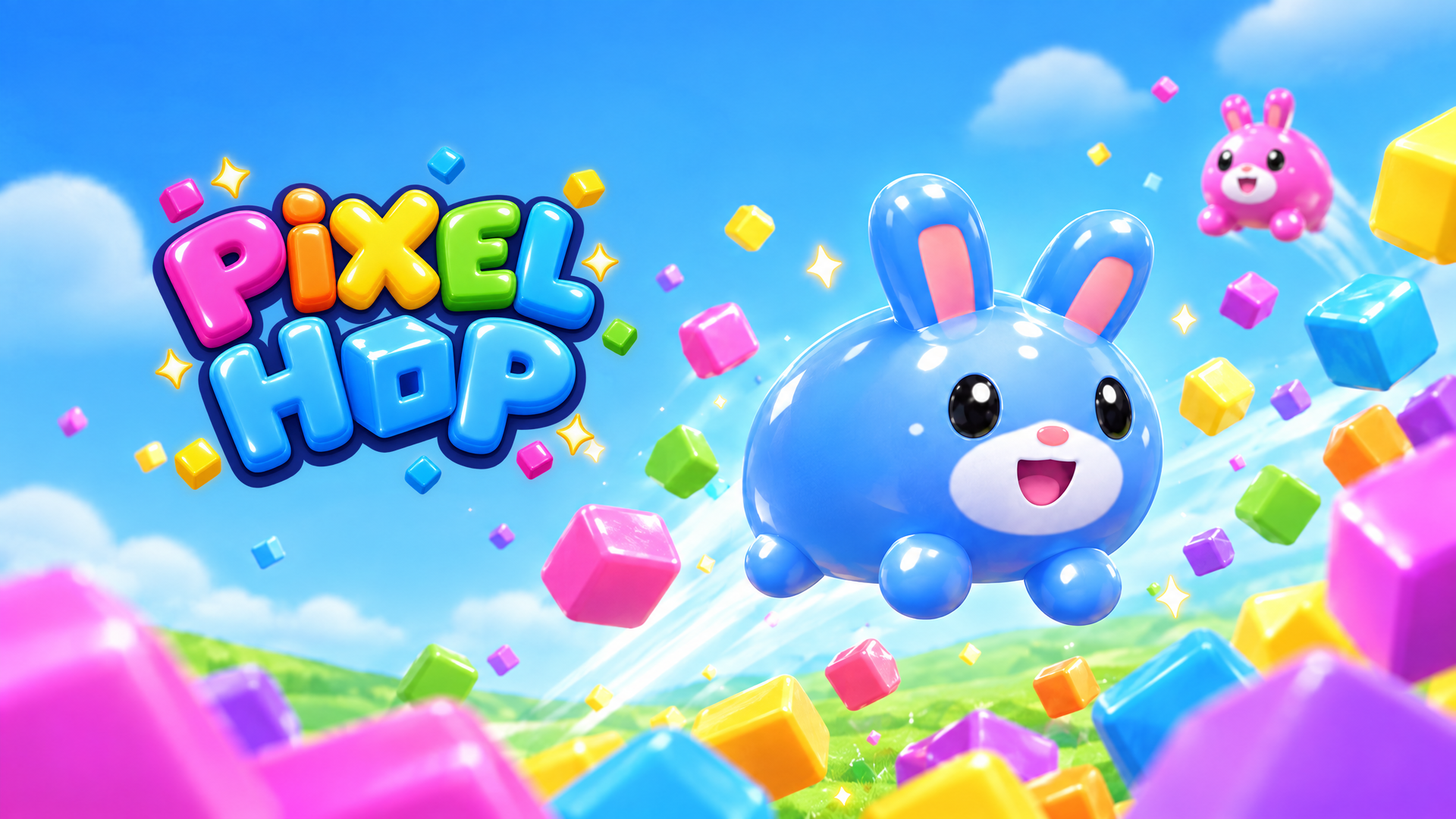 Pixel Hop: a bouncy blue bunny leaping through colourful floating cubes