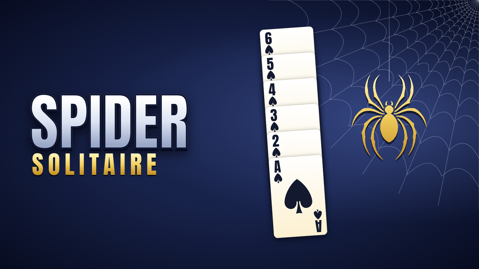 Spider Solitaire: a run of spades from ace to six beside a golden spider on a web